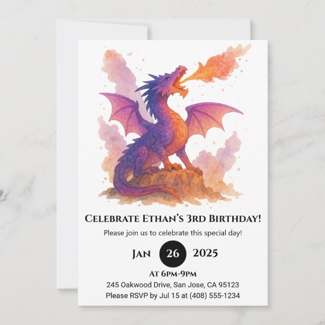 Invitación Cumpleaños del Dragón del Atardecer Ardiente (Anverso)
