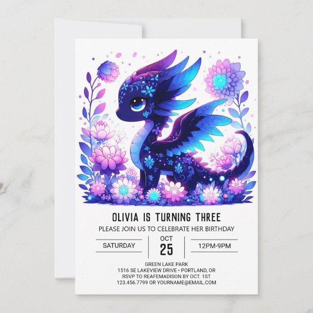 Invitación Cumpleaños del Dragón Digital Adorable (Anverso)