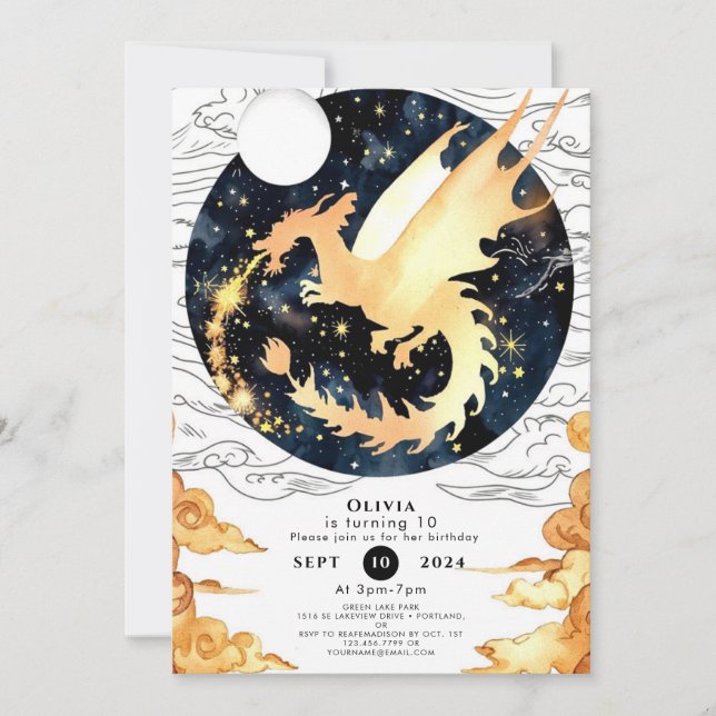 Invitación Cumpleaños del dragón encantado de los niños (Anverso)
