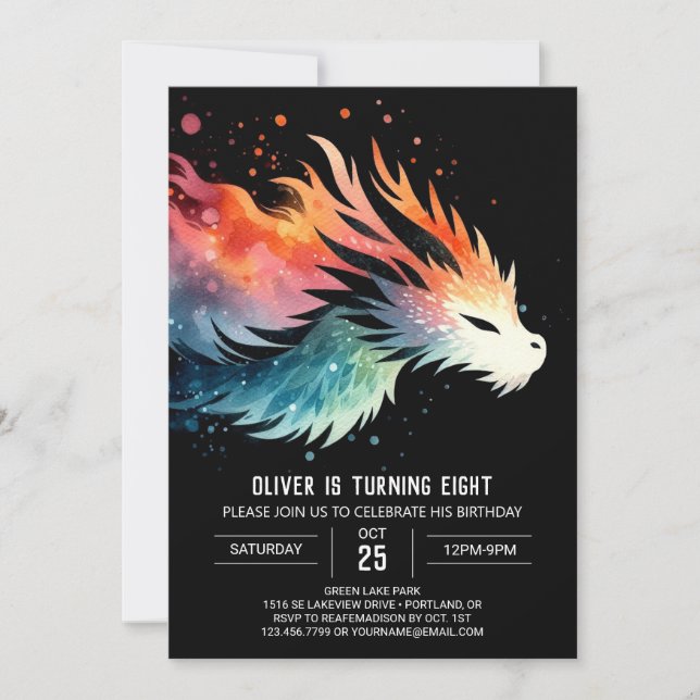Invitación Cumpleaños del Dragón Intenso Artístico (Anverso)