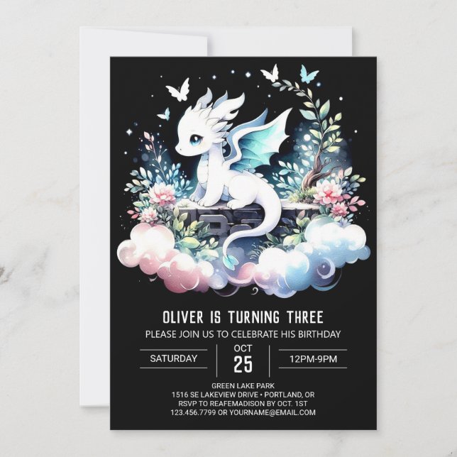 Invitación Cumpleaños del Dragón minimalista Encantado (Anverso)