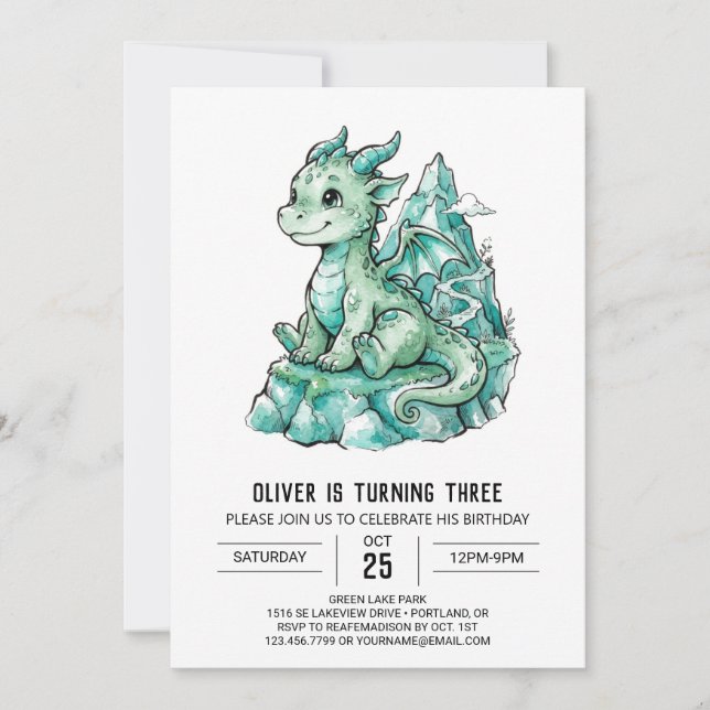 Invitación Cumpleaños del Dragón Verde Menta (Anverso)