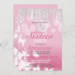 Invitación Cumpleaños del dulce dieciséis - rosa y diamantes