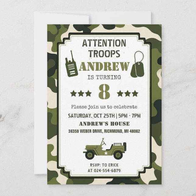 Invitación Cumpleaños del Ejército de Camuflaje Personalizado (Anverso)
