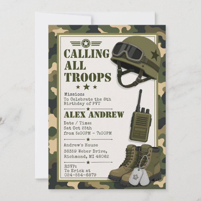 Invitación Cumpleaños del Ejército de Soldado Personal (Anverso)
