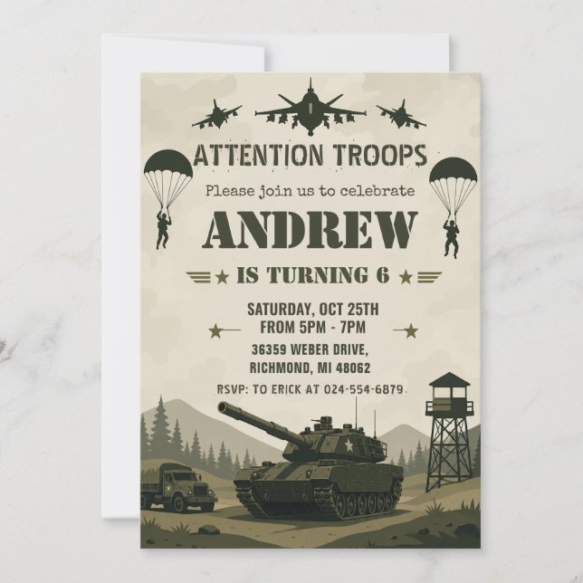 Invitación Cumpleaños del ejército de soldado personal (Anverso)