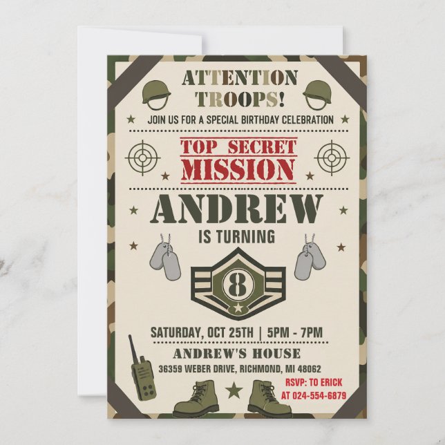Invitación Cumpleaños del Ejército Personalizado (Anverso)