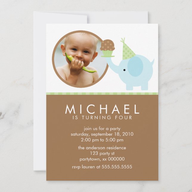 Invitación Cumpleaños del elefante azul y del pastel (Anverso)