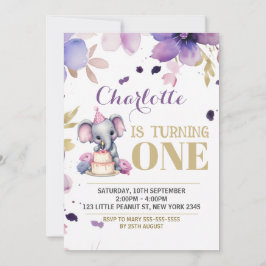 Invitación Cumpleaños del Elefante Floral Púrpura Boho