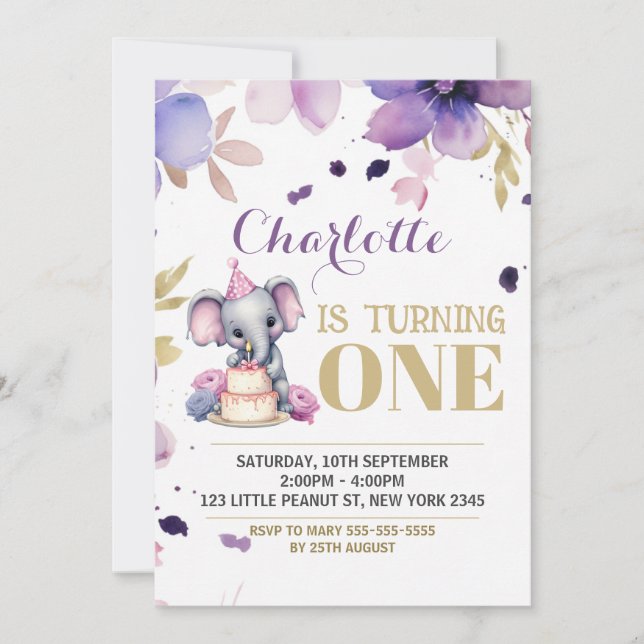 Invitación Cumpleaños del Elefante Floral Púrpura Boho (Anverso)