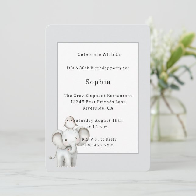 Invitación Cumpleaños del elefante gris y el pájaro (Anverso de pie)