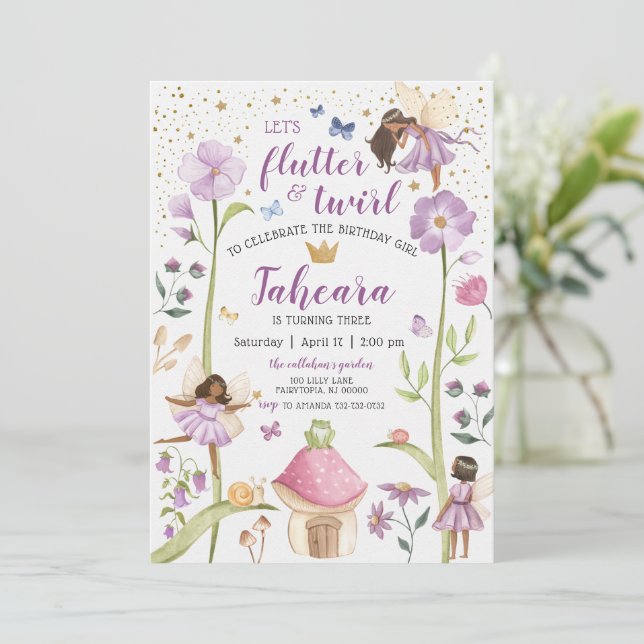 Invitación Cumpleaños del Encantado Jardín Mágico de Hadas (Anverso de pie)