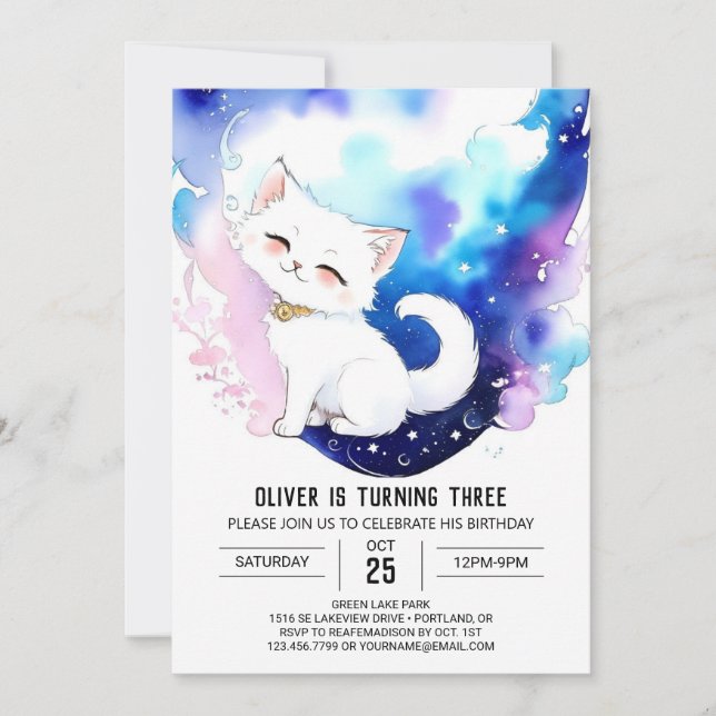 Invitación Cumpleaños del encantamiento del gato acuarela (Anverso)