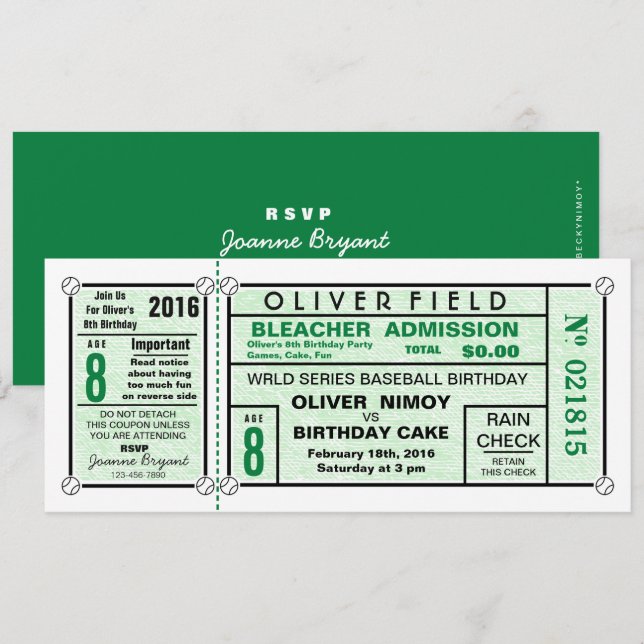 Invitación Cumpleaños del equipo de béisbol Green Stadium (Anverso / Reverso)