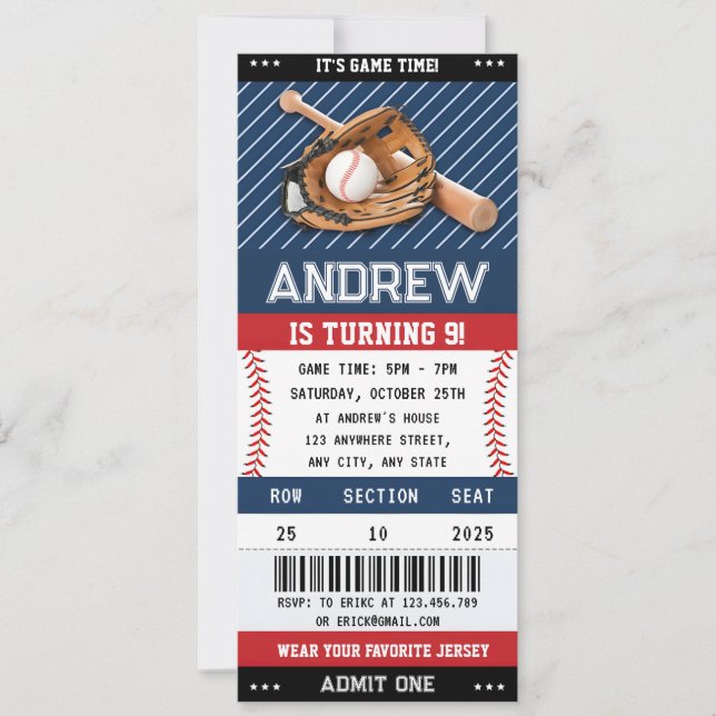 Invitación Cumpleaños del equipo de béisbol personalizado con (Anverso)
