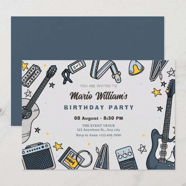 Invitación Cumpleaños del equipo de guitarra (Anverso / Reverso)