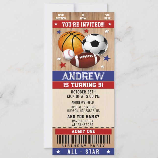 Invitación Cumpleaños del equipo deportivo de All Stars (Anverso)