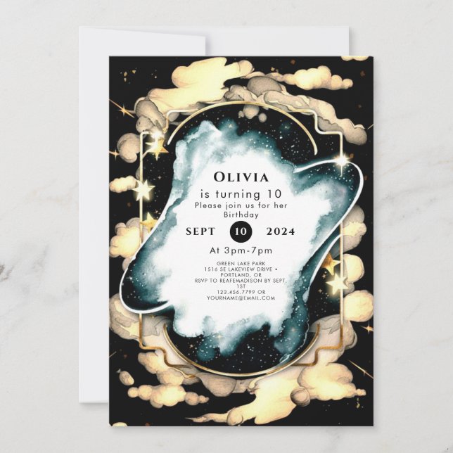 Invitación Cumpleaños del espacio acuarela cósmica (Anverso)