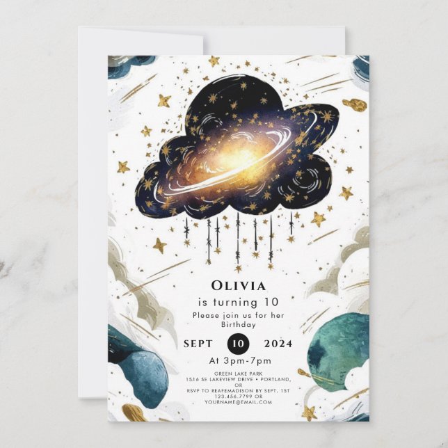 Invitación Cumpleaños del espacio de la Whimsy celeste (Anverso)