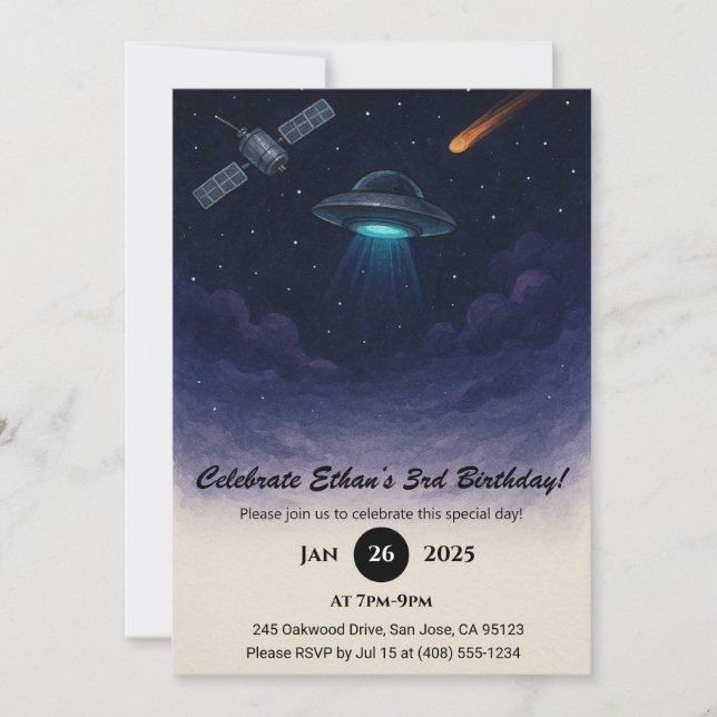 Invitación Cumpleaños del espacio de OVNI (Anverso)
