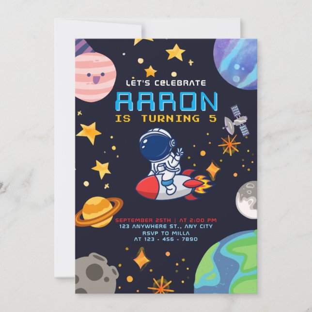 Invitación Cumpleaños del espacio exterior con astronauta y p (Anverso)