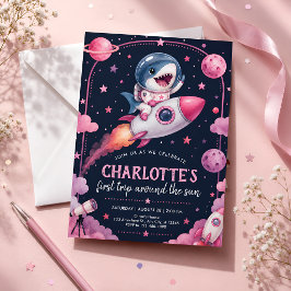 Invitación Cumpleaños del Espacio Tiburón Rosa Primero