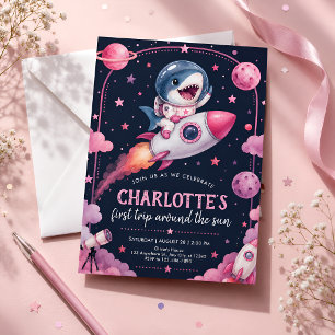 Invitación Cumpleaños del Espacio Tiburón Rosa Primero