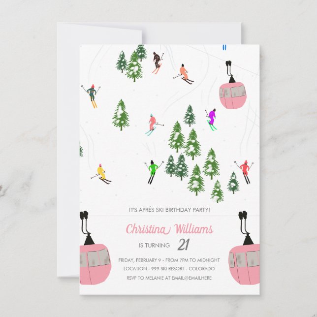 Invitación Cumpleaños del esquí de Aprés Rosado (Anverso)