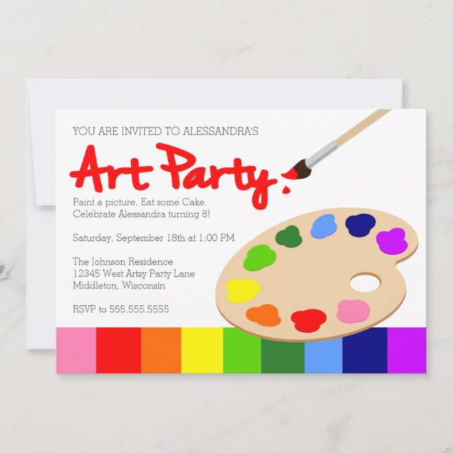 Invitación Cumpleaños del Fiesta de arte infantil Rainbow (Anverso)