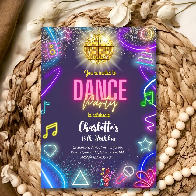 Invitación Cumpleaños del fiesta de baile neón (Subido por el creador)
