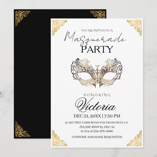 Invitación Cumpleaños del Fiesta de la Mascarada de Oro Moder (Anverso / Reverso)
