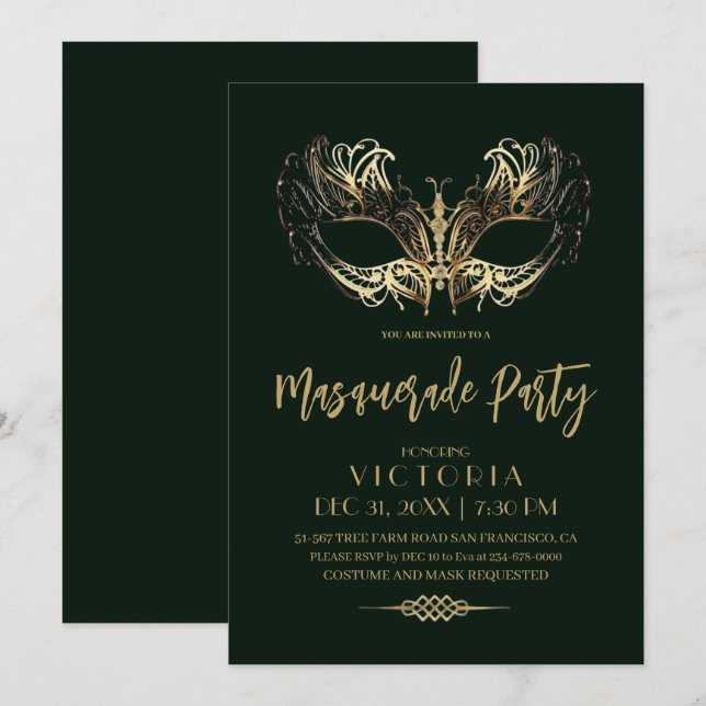 Invitación Cumpleaños del Fiesta de la Mascarada de Oro Verde (Anverso / Reverso)