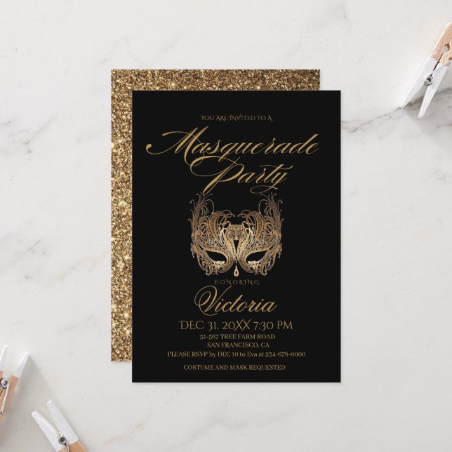 Invitación Cumpleaños del Fiesta de la Mascarada Negra de Oro (Anverso/Reverso In Situ)
