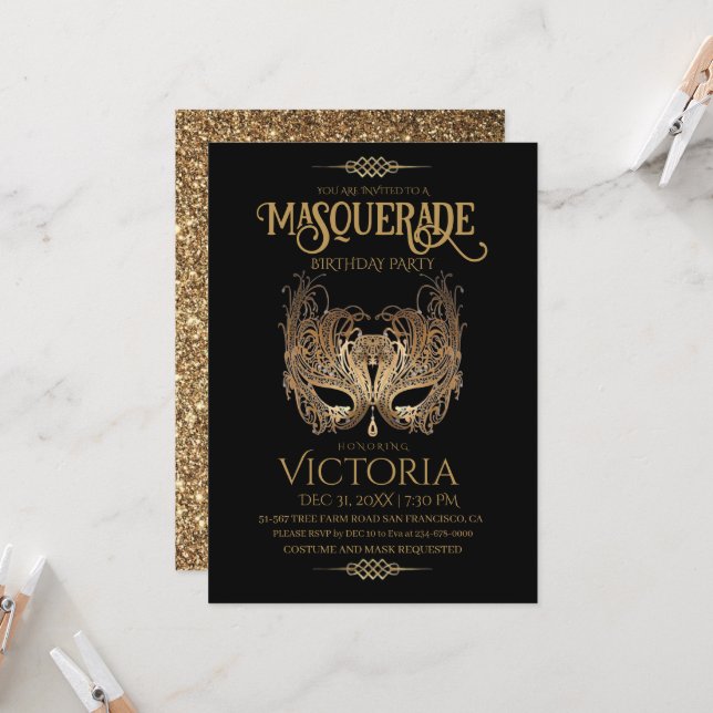 Invitación Cumpleaños del Fiesta de la Mascarada Negra y Oro (Anverso/Reverso In Situ)