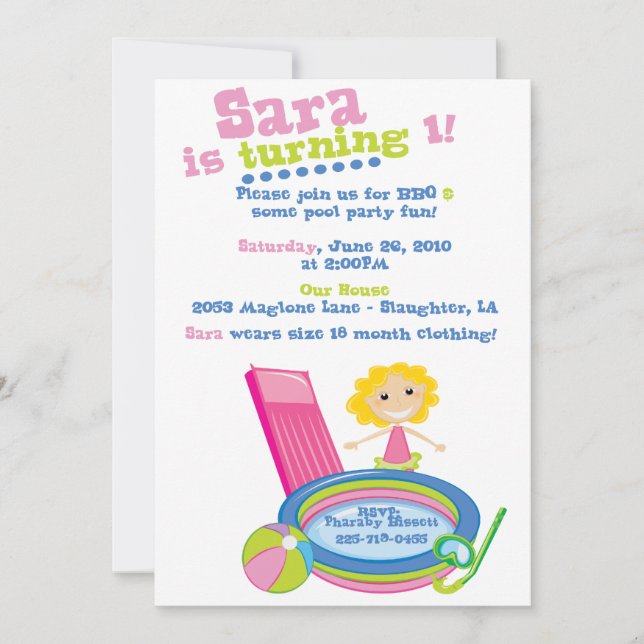 Invitación Cumpleaños del Fiesta de la piscina (Anverso)