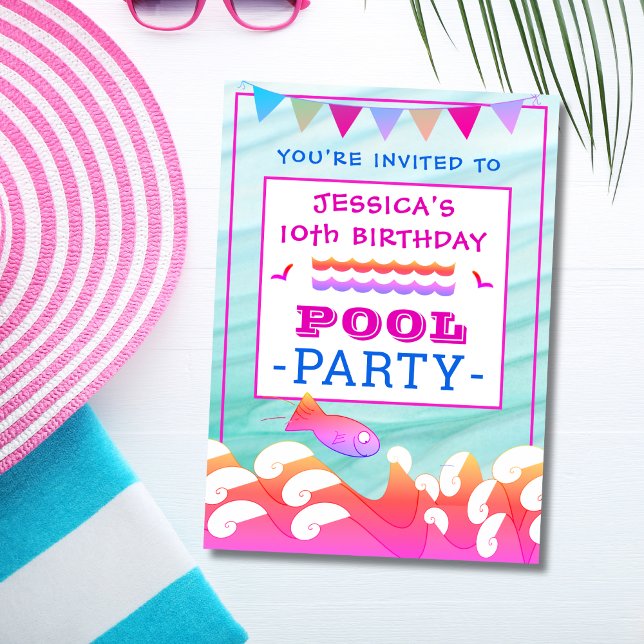 Invitación Cumpleaños del Fiesta de la Piscina Feliz del chic (Subido por el creador)