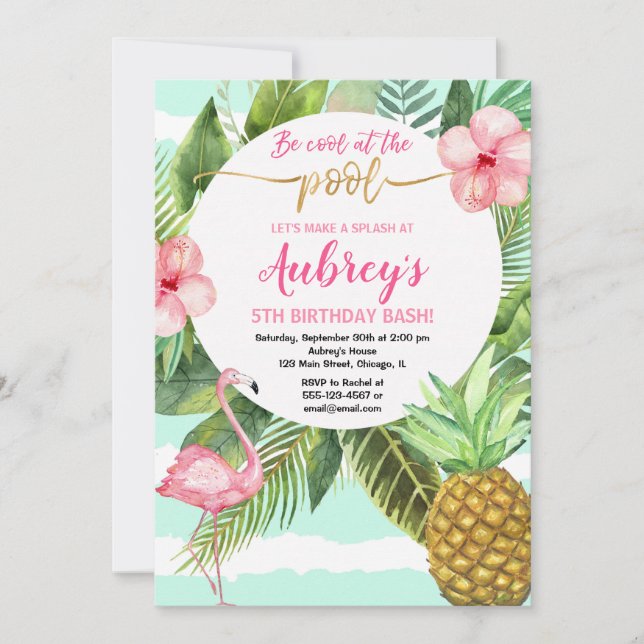 Invitación Cumpleaños del fiesta de la piscina, oro verde azu (Anverso)