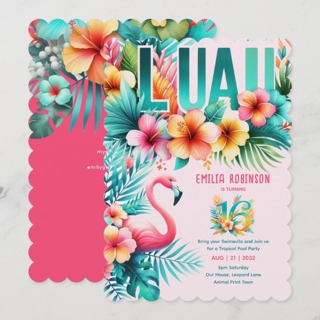 Invitación Cumpleaños del Fiesta de la piscina tropical de Lu (Anverso / Reverso)