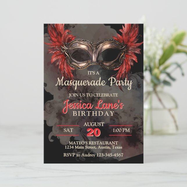 Invitación Cumpleaños del Fiesta de Mascarada Roja (Anverso de pie)