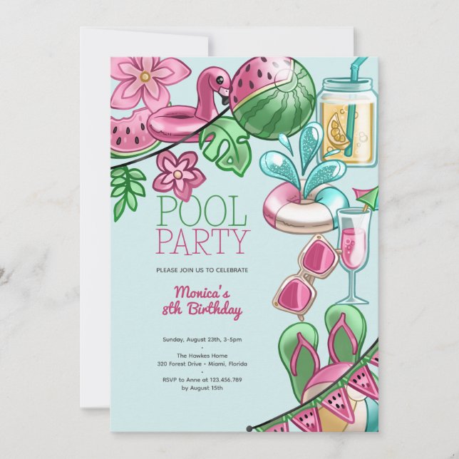 Invitación Cumpleaños del fiesta de verano de la piscina (Anverso)