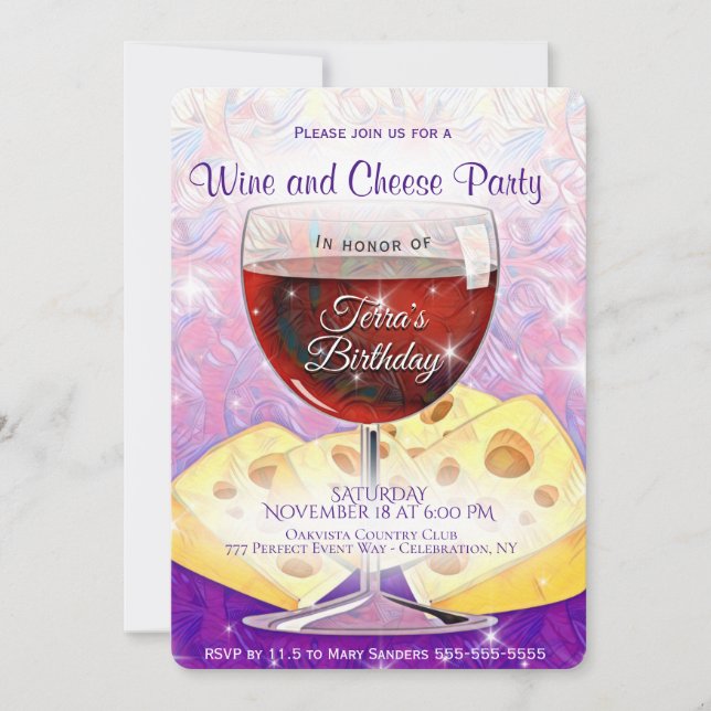 Invitación Cumpleaños del Fiesta de vino y queso (Anverso)
