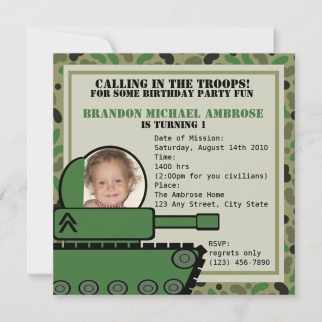 Invitación Cumpleaños del Fiesta del tanque/ Foto (Anverso)