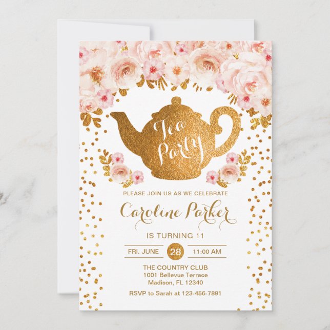 Invitación Cumpleaños del Fiesta del té - Blanco dorado (Anverso)
