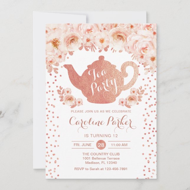 Invitación Cumpleaños del Fiesta del té - Blanco Oro Rosa (Anverso)