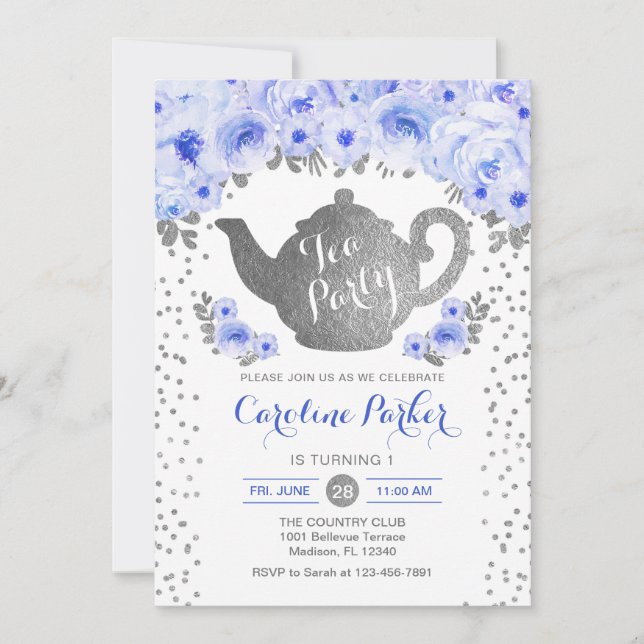 Invitación Cumpleaños del Fiesta del té - Floral azul blanco  (Anverso)