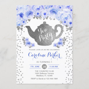 Invitación Cumpleaños del Fiesta del té - Floral azul blanco 