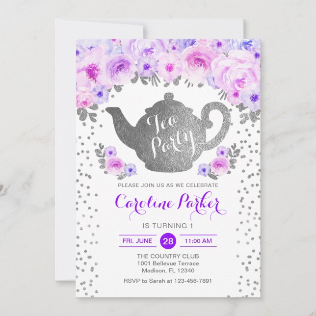 Invitación Cumpleaños del Fiesta del té - Floral morada blanc (Anverso)