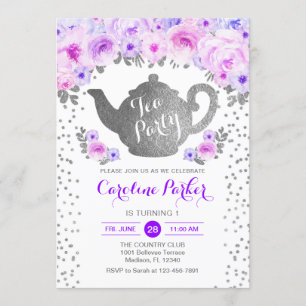 Invitación Cumpleaños del Fiesta del té - Floral morada blanc