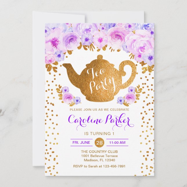 Invitación Cumpleaños del Fiesta del té - Floral morada blanc (Anverso)