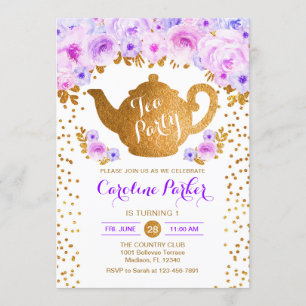 Invitación Cumpleaños del Fiesta del té - Floral morada dorad